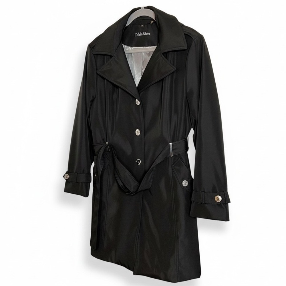 Calvin Klein Black Hooded Raincoat Trench Jacket Women's 1X Belted